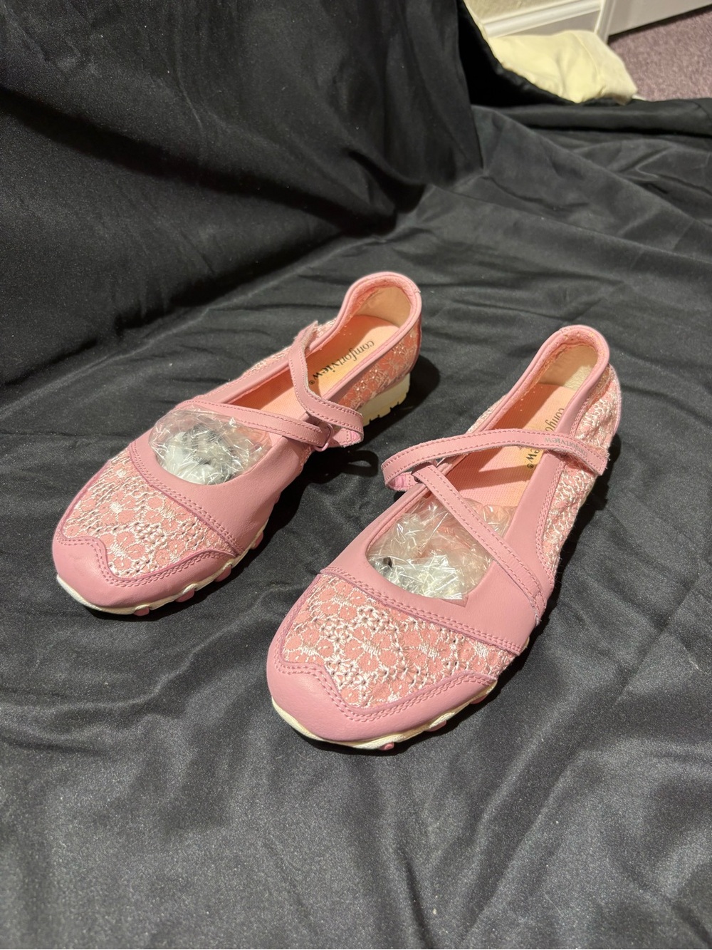 Comfortiva Pink Lace Cross-Strap Mary Jane Flats